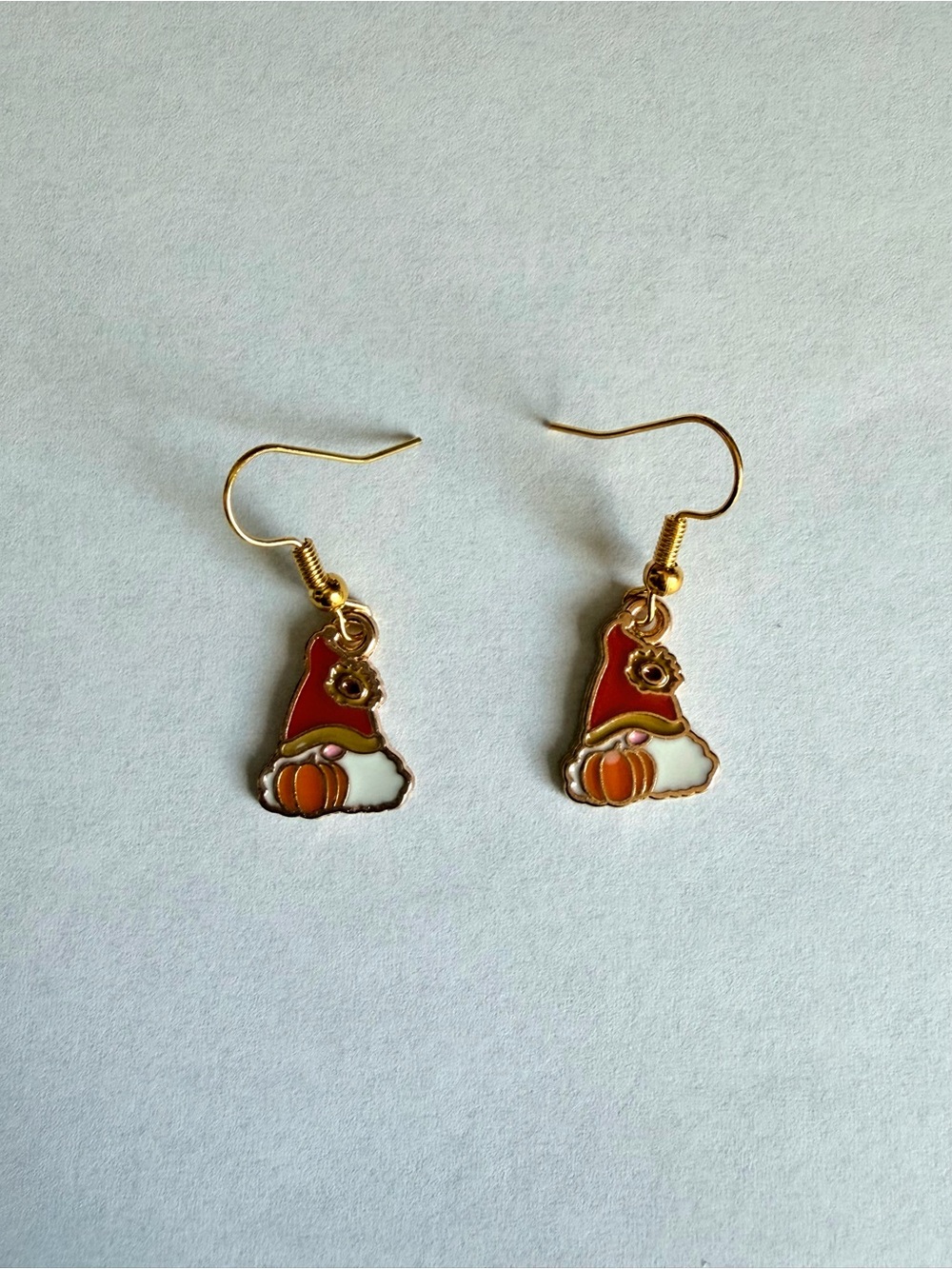 Gold-Tone Red Gnome Pumpkin Drop Earrings